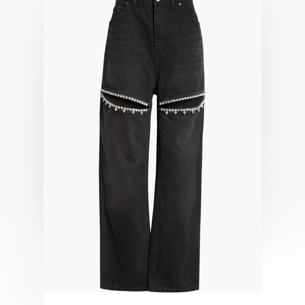AREA crystal slit straight leg jeans